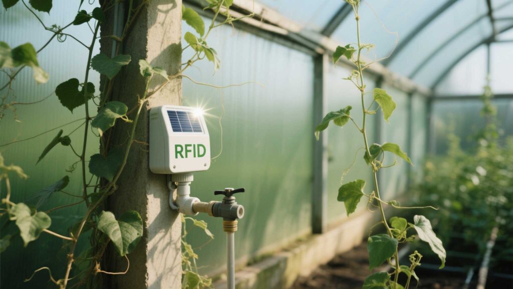 Solar-powered RFID tag on a plant sensor in a greenhouse.