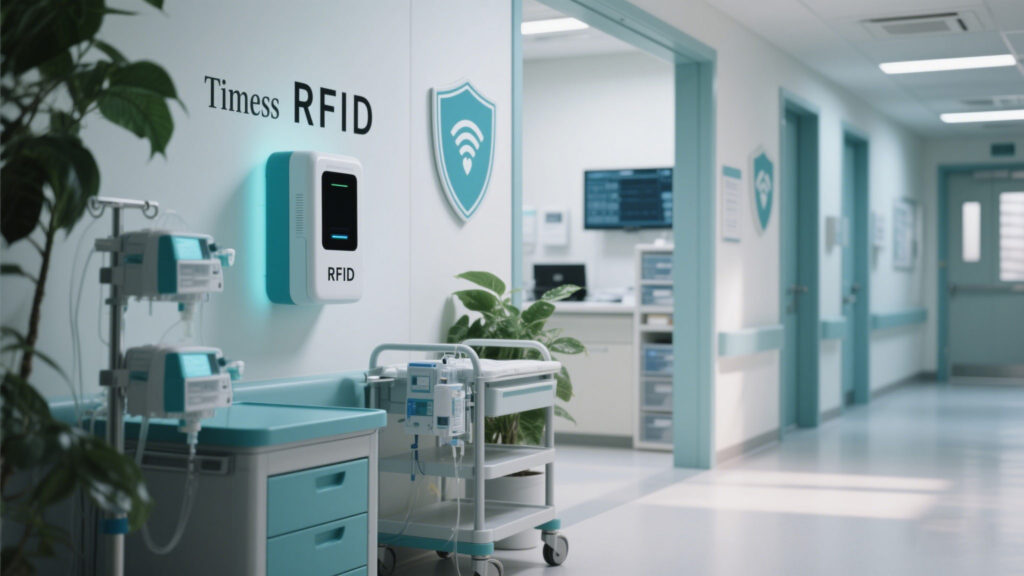 cykeo RFID reader tracking medical equipment in a hospital corridor.