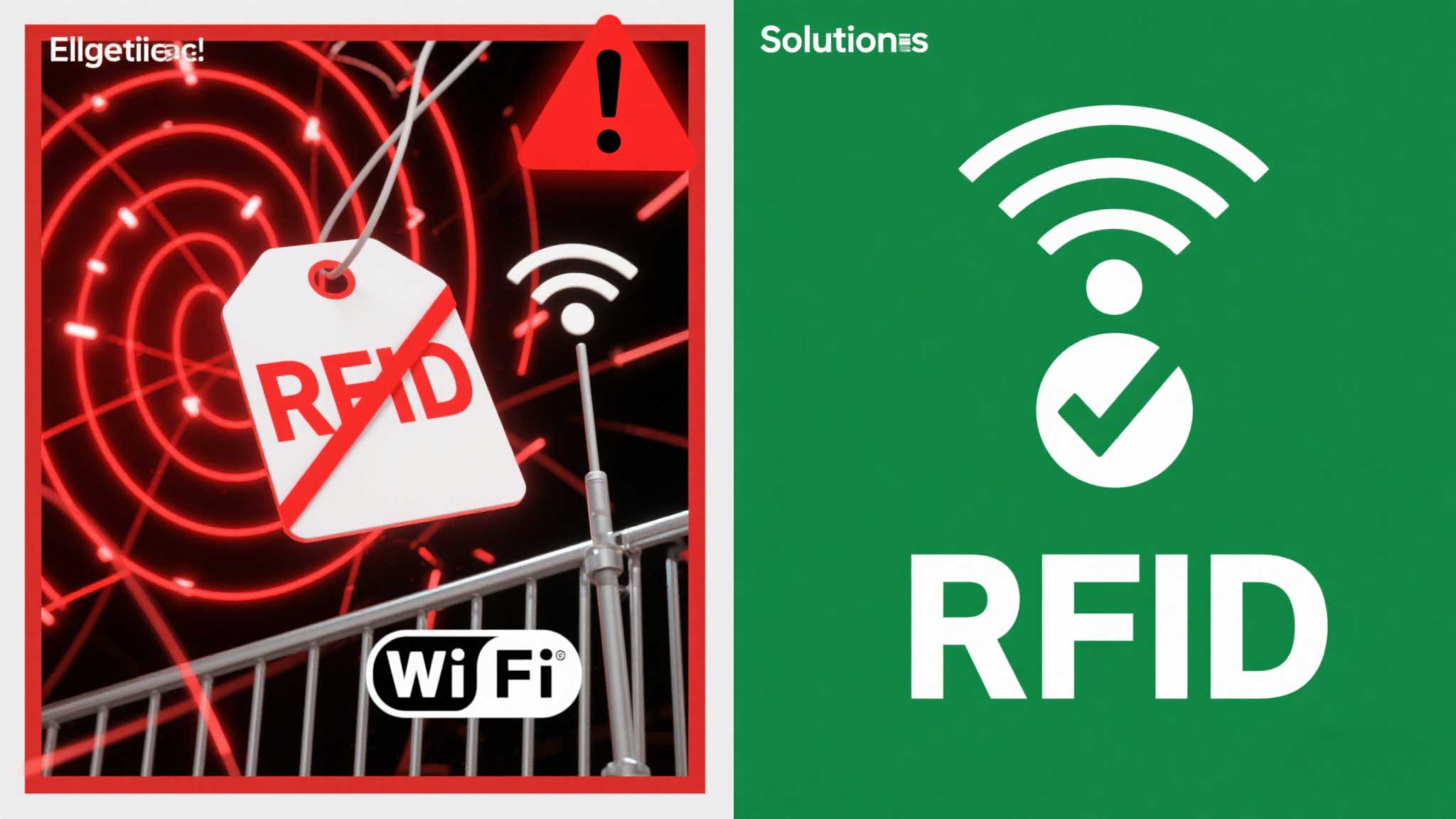  RFID reader surrounded by common interference sources (Wi-Fi, metal, machinery) vs. clean signal zone.