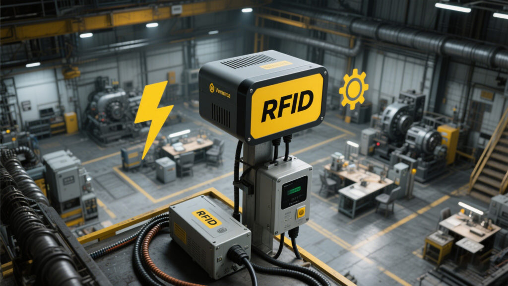 Industrial RFID reader with multiple power connections in a factory setting.