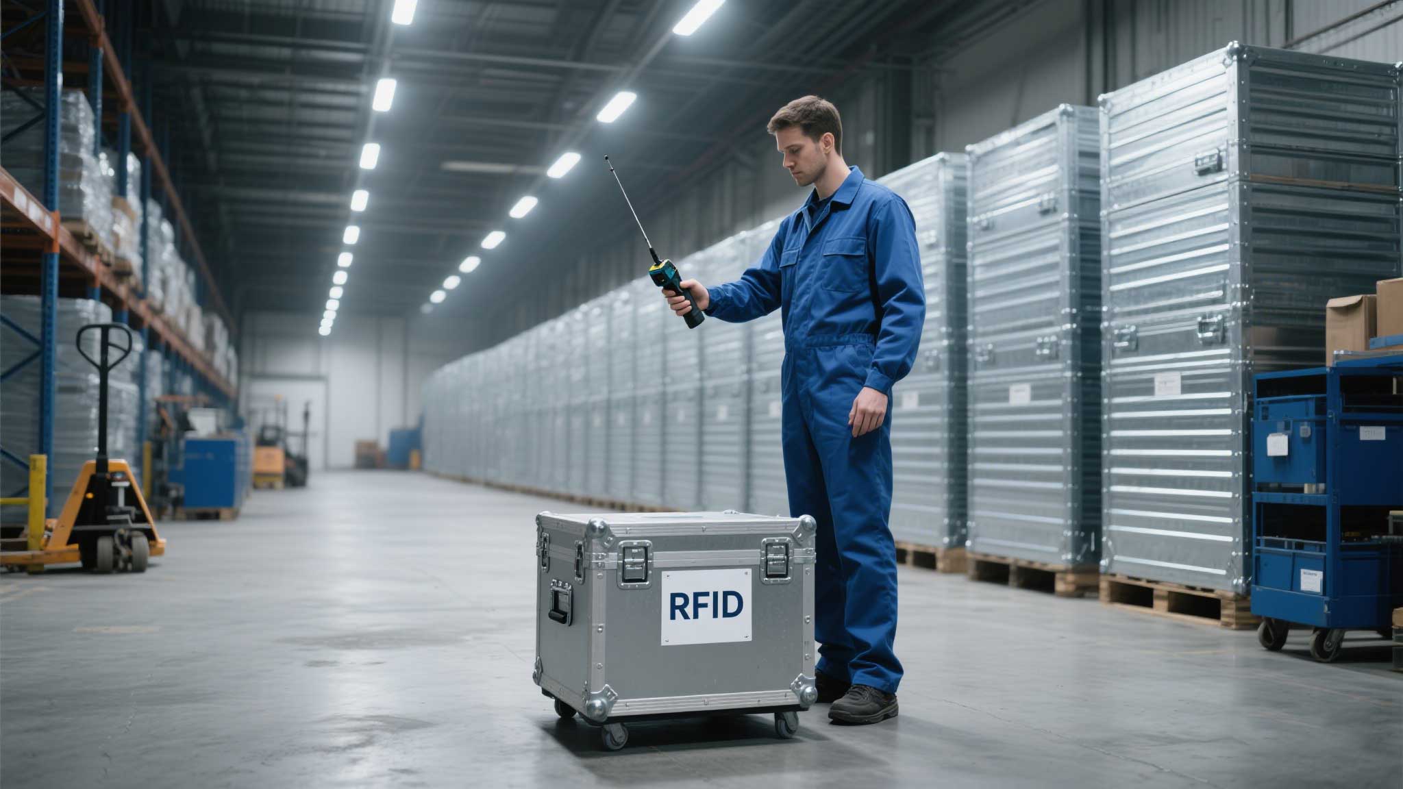 A technician scanning RFID-tagged metal crates in a warehouse, using a handheld UHF reader with a specialized antenna.

