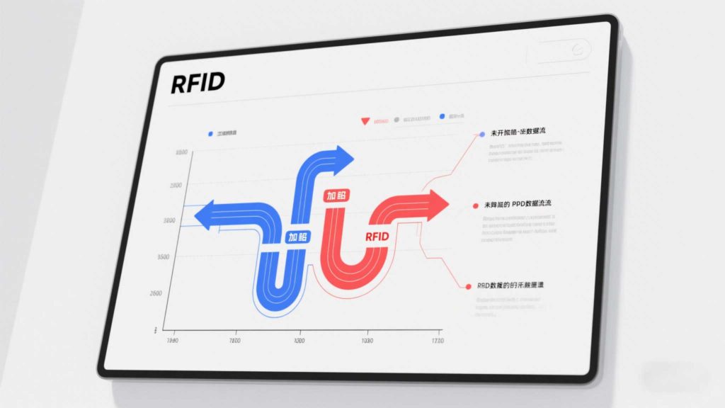 Diagram showing encrypted vs. unencrypted RFID data streams.