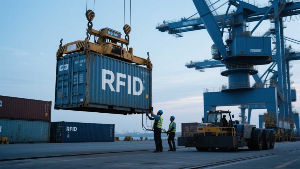 Active RFID tags on shipping containers in a port.