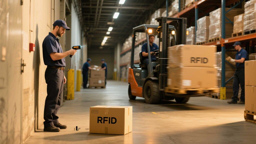 Warehouse worker scanning UHF RFID-tagged boxes from 10 feet away.