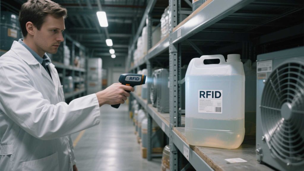 Handheld RFID scanner attempting to read a tag on a metal drum and liquid container.
