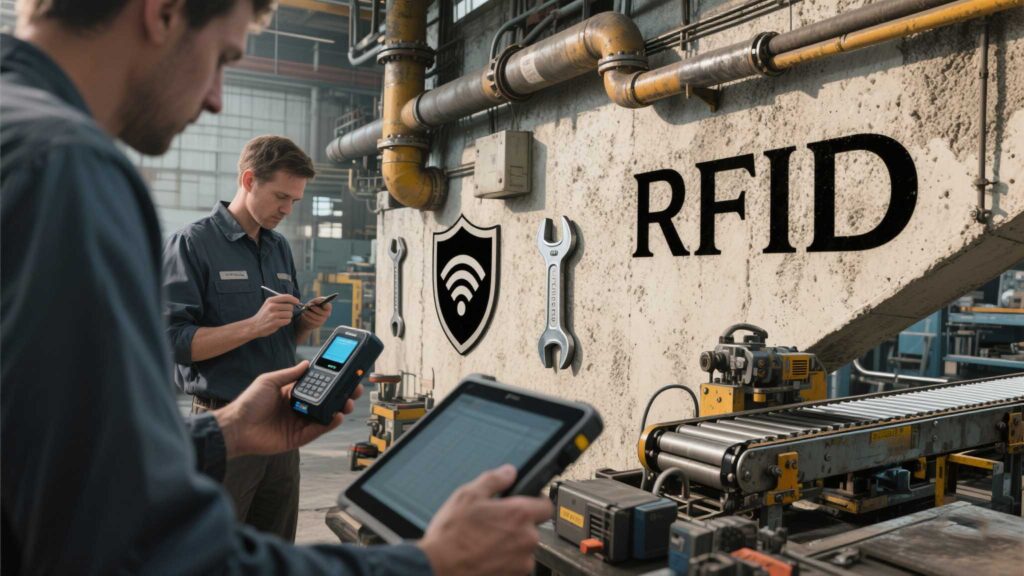 Cykeo RFID reader being cleaned, with diagnostic tablet showing signal metrics.