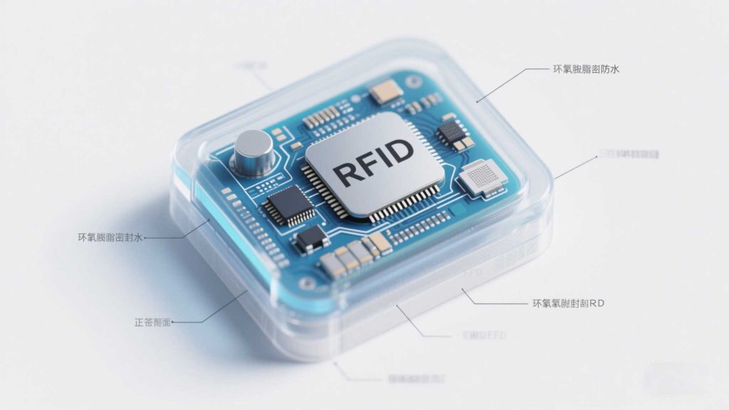 Cross-section diagram of a waterproof RFID tag with epoxy sealing.