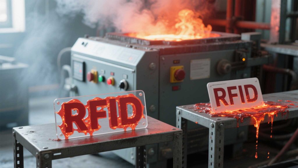Custom RFID tags with high-temperature epoxy vs. melted standard tags.