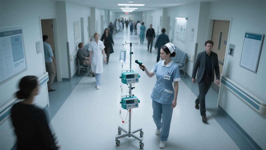 Nurse scanning RFID-tagged IV pumps in a hospital corridor.
