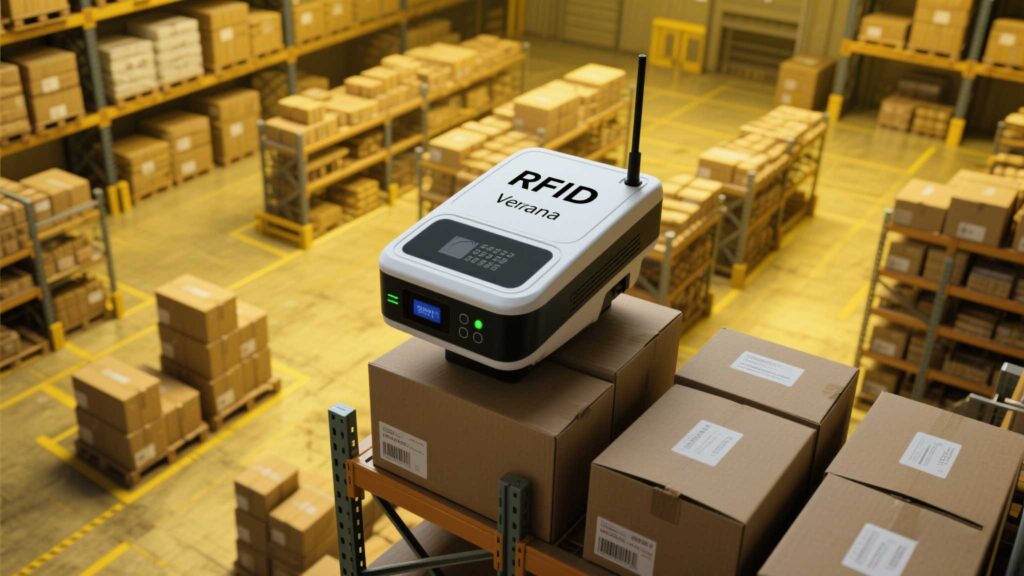 Retailer’s backroom with USB reader scanning stacked apparel boxes.
