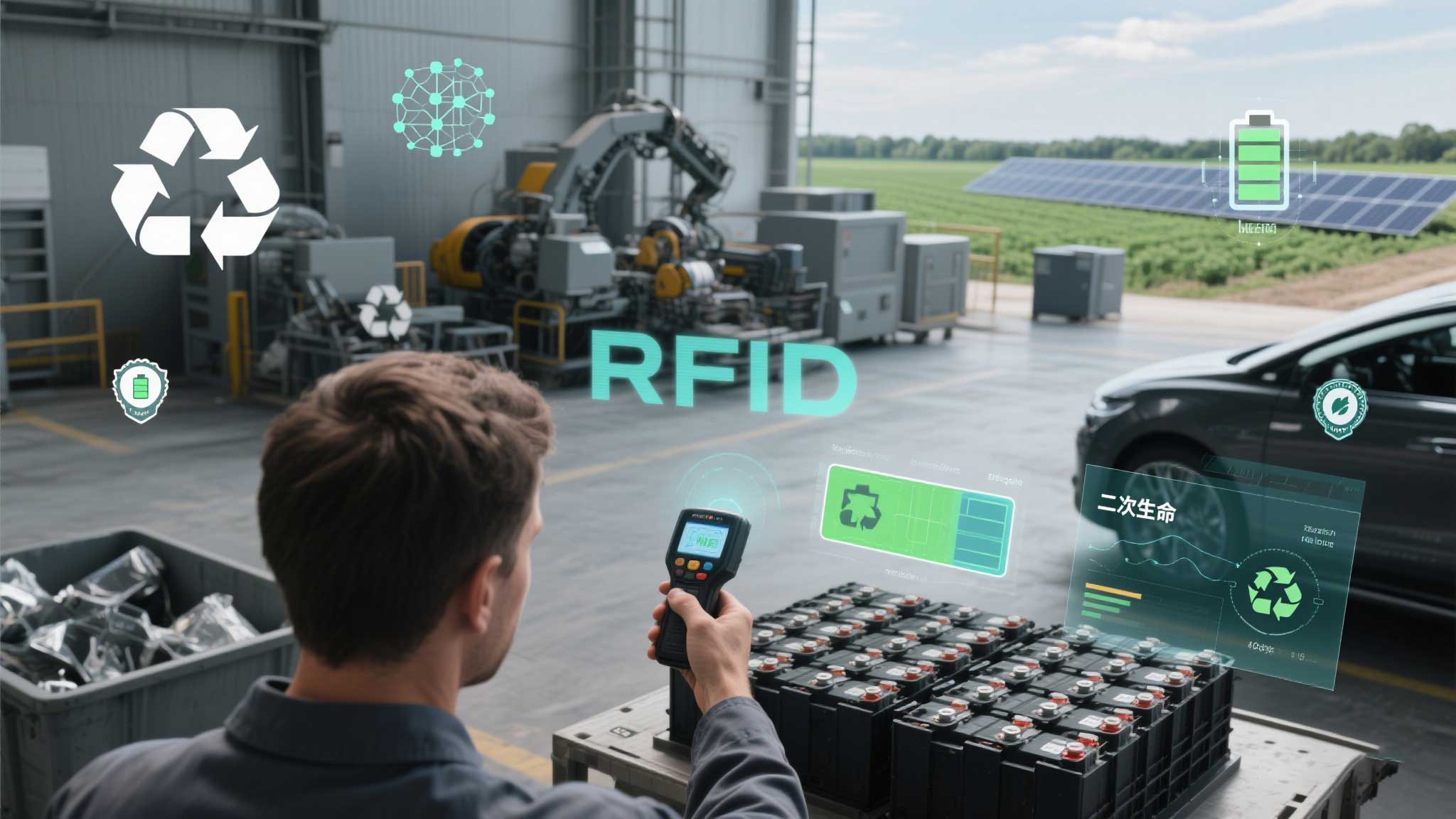 EV Battery Recycling: How RFID Modules Streamline Lifecycle Management? 1 Battery pack with visible RFID tag being scanned by a handheld reader.