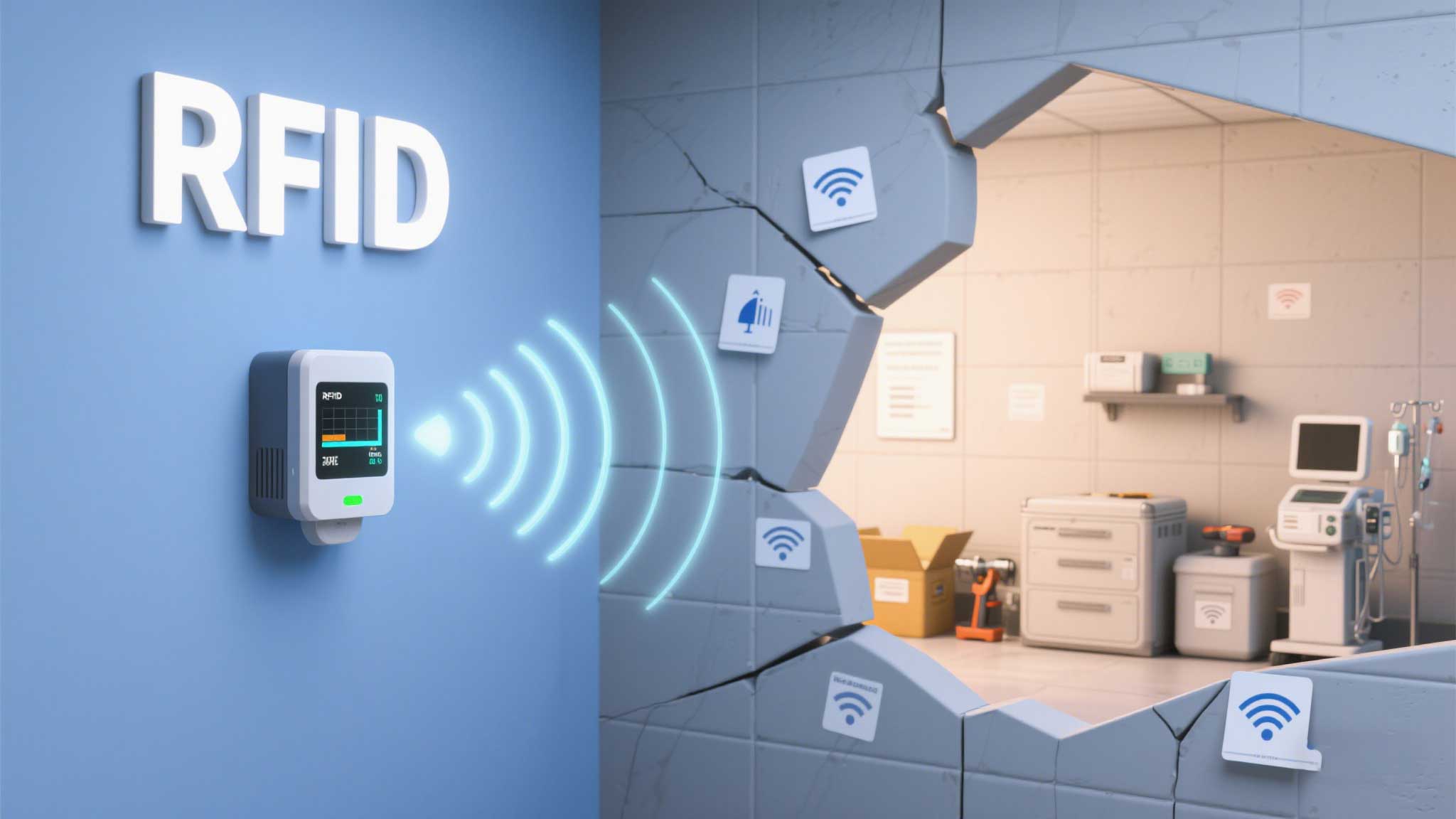 RFID signal waves penetrating a drywall barrier to scan tagged boxes.