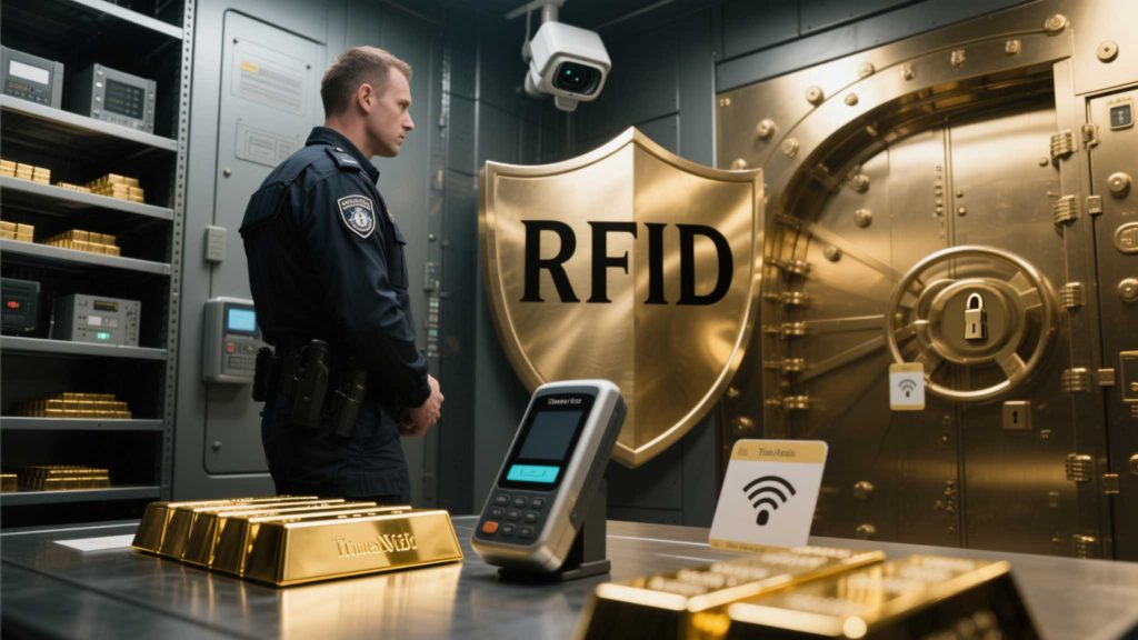 RFID-tags gold bars in a secure vault with a 
rfid handheld scanner.