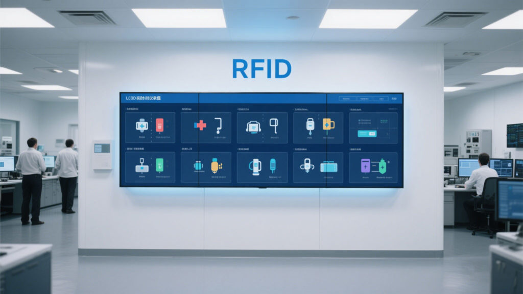 An RFID real-time dashboard showing the locations of medical equipment on each floor of the hospital.