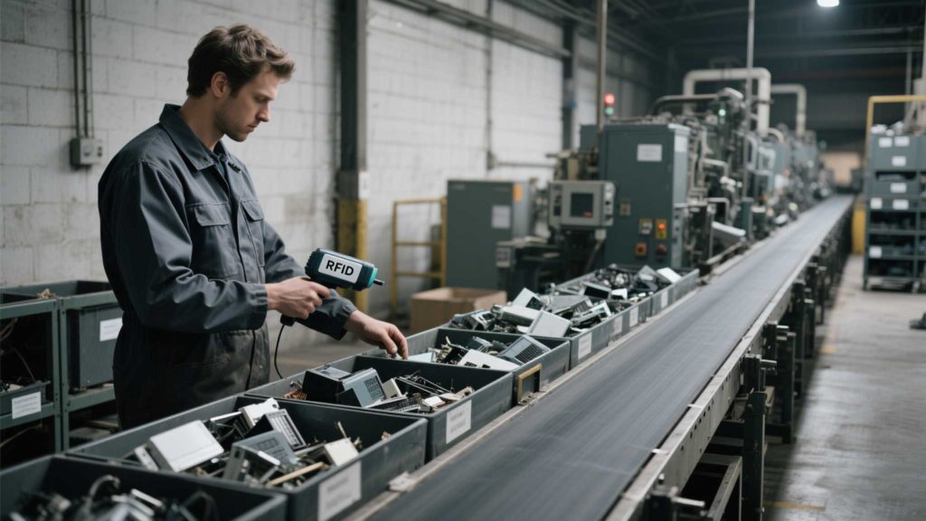 E-waste recycling center sorting discarded electronics, including rfid scanners.