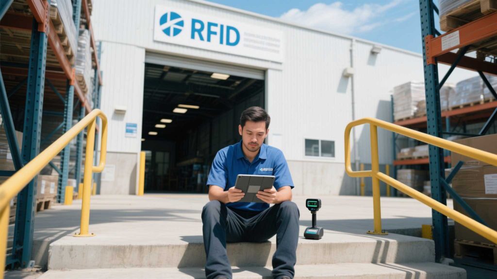 Warehouse worker learning to use an RFID scanner with a tablet tutorial.