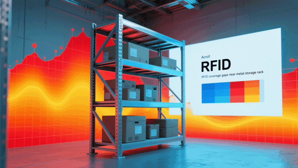 Heatmap showing RFID coverage gaps near metal storage racks.
