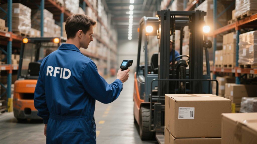 Warehouse worker scanning UHF tags on boxes with a handheld RFID device.