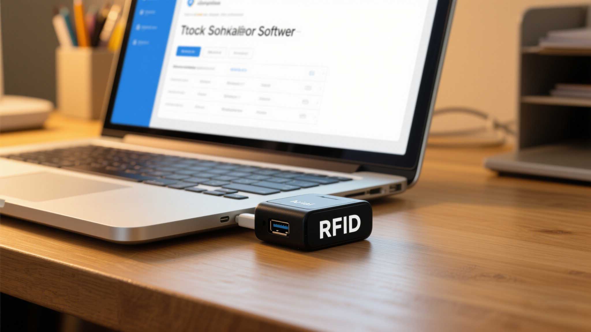 Close-up of a USB RFID reader plugged into a laptop running inventory software.