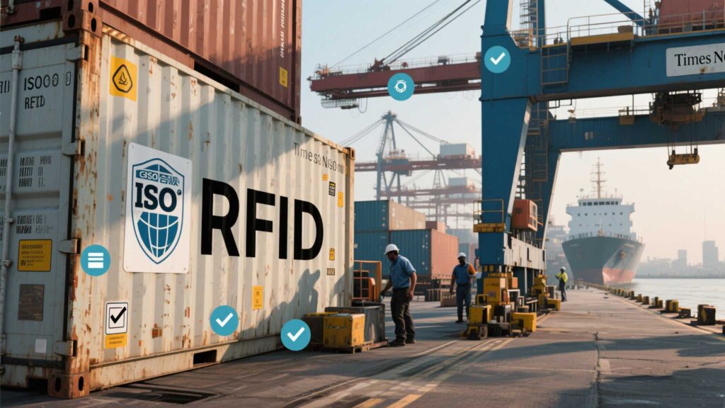 RFID-tags shipping containers moving through a port with ISO compliance badges.