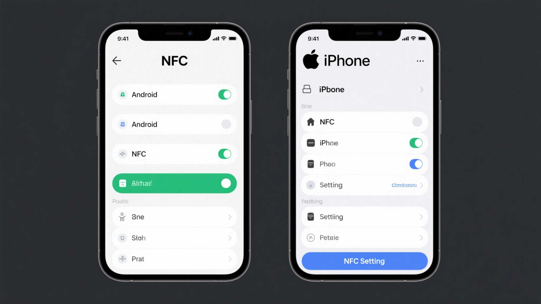 Side-by-side of Android vs. iPhone NFC settings menus.