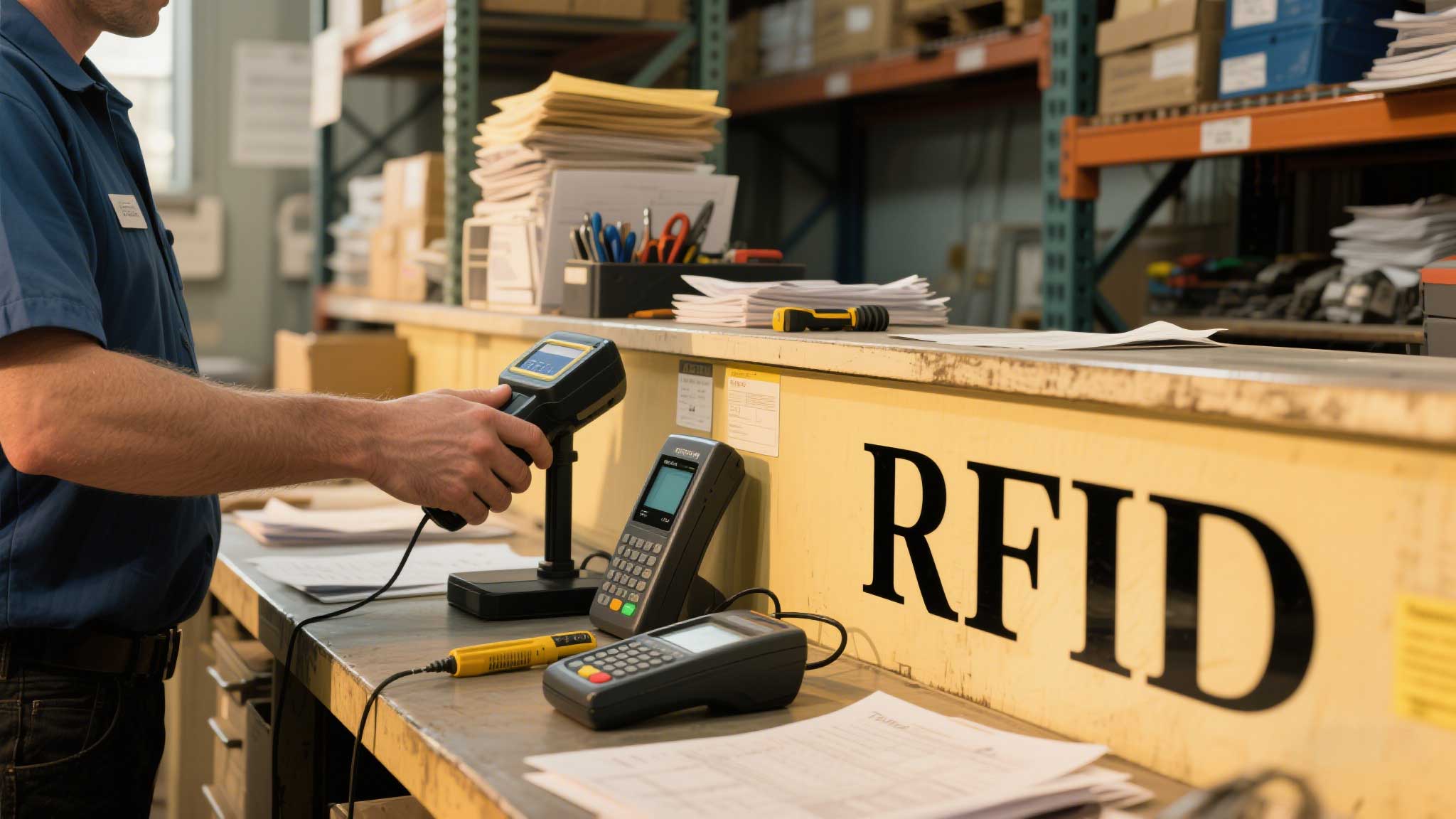 Side-by-side of a USB RFID reader on a counter vs. a handheld scanner in a worker’s hand.