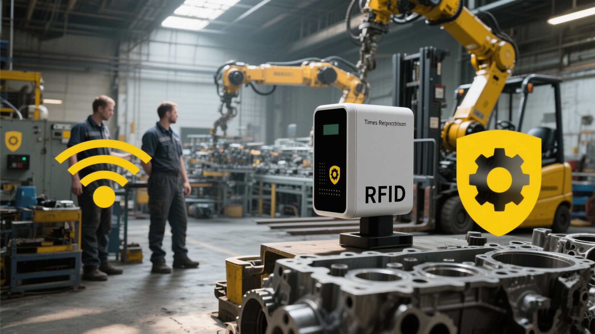 Cykeo reader installed near a conveyor belt with tagged engine parts.