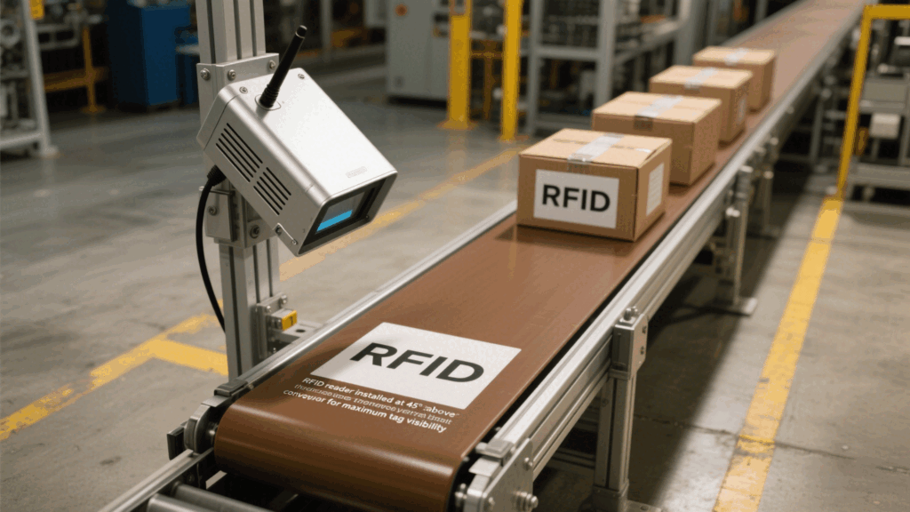 RFID reader mounted at 45° above conveyor belts for maximum tag visibility.