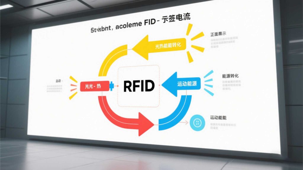 Diagram showing energy sources (light, heat, motion) powering an RFID tag.