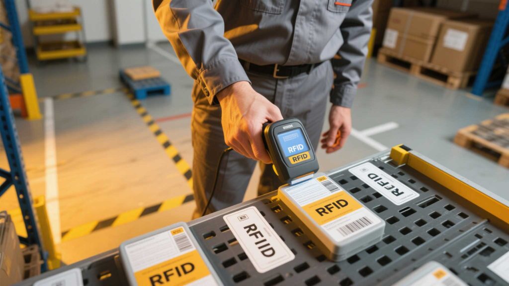 Close-up of a trainer demonstrating scanning angles on a tagged pallet.