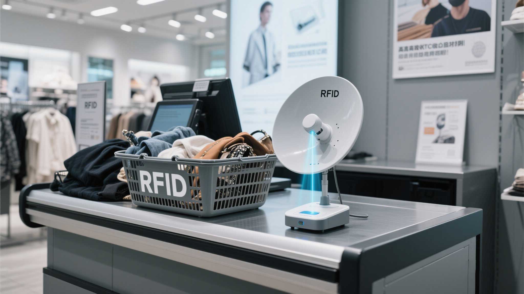 A busy retail checkout counter with a UHF RFID reader using a circular polarized antenna scanning a mixed basket of clothing and accessories.