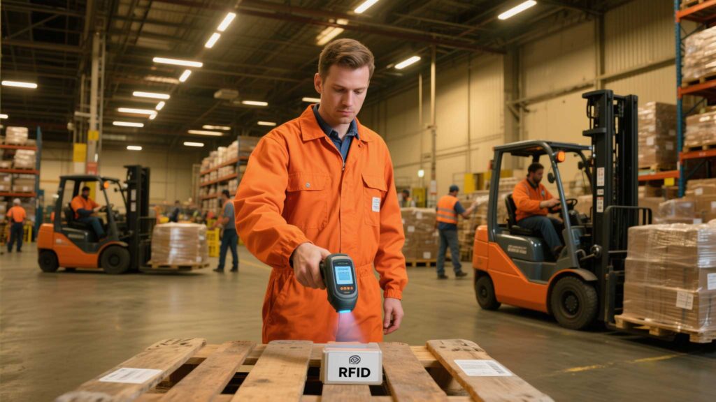 Warehouse workers are using handheld rfid scanners to scan rfid tag pallets in busy storage facilities.