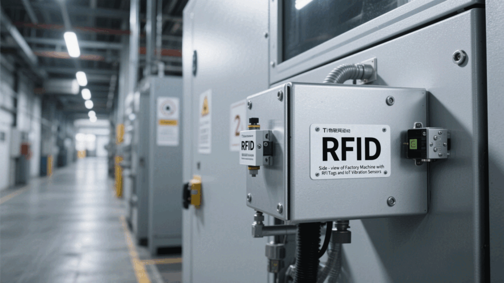 RFID-tagged machinery with IoT vibration sensors in a factory.