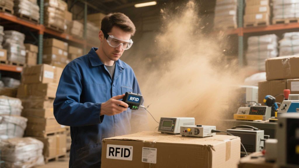 Technician testing a rugged RFID module in a dusty warehouse.
