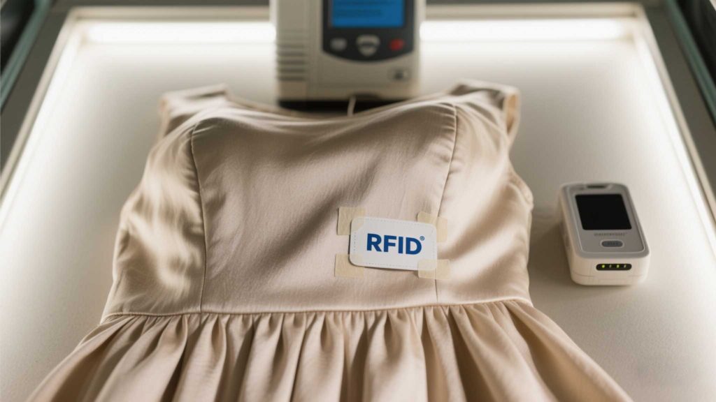 Close-up of RFID tag placement in a clothing label.