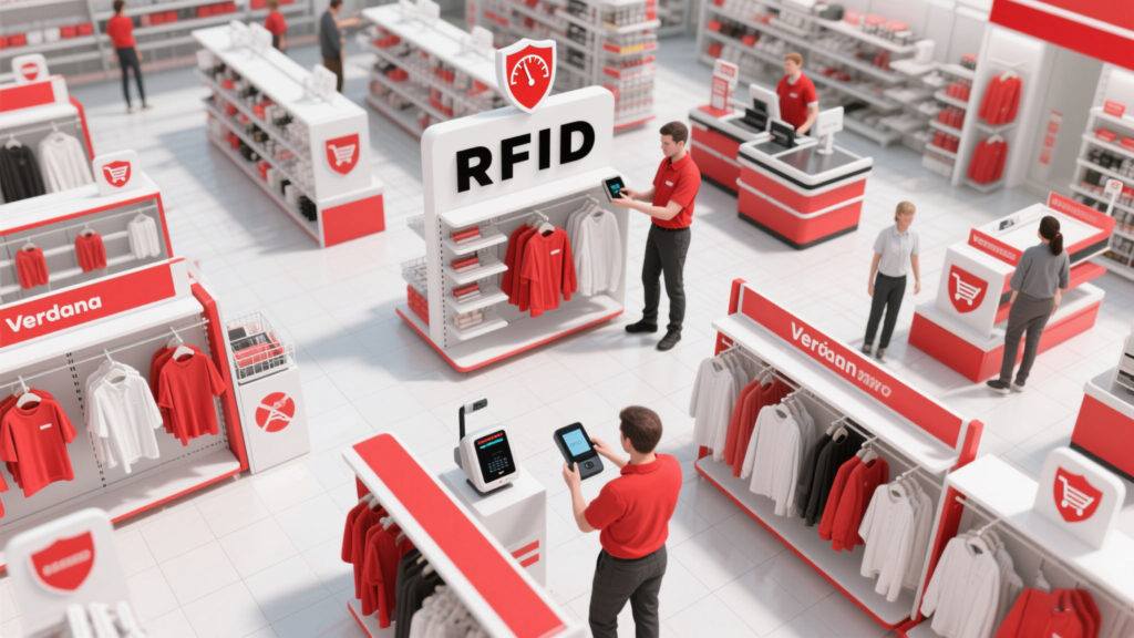 Cykeo handheld reader scanning a rack of tagged apparel.