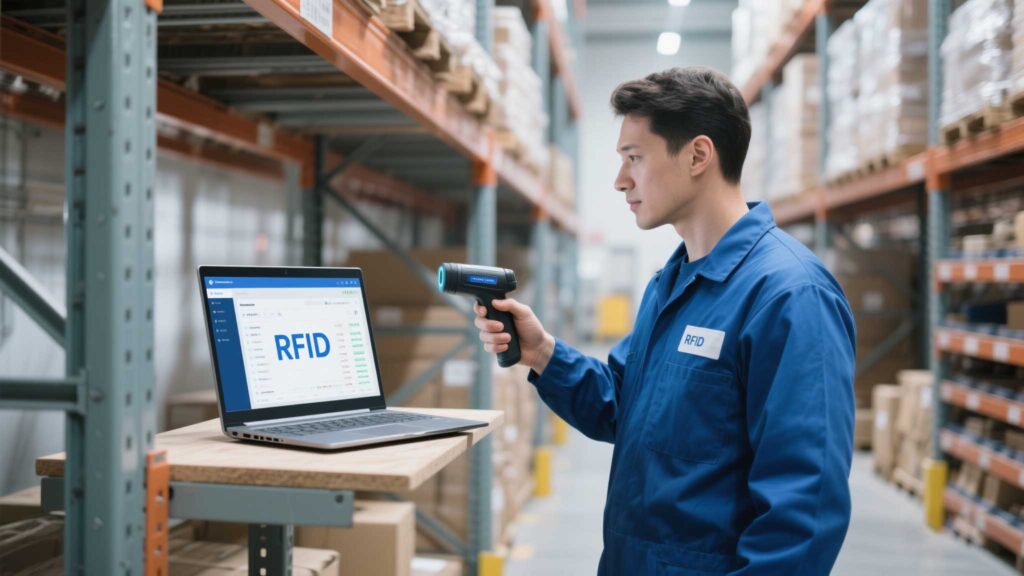 Laptop displaying inventory software syncing with a handheld RFID scanner.