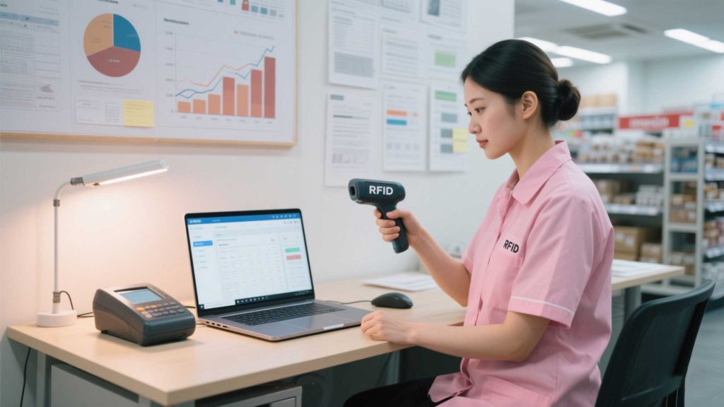 Handheld RFID scanner syncing data with a laptop showing inventory software.