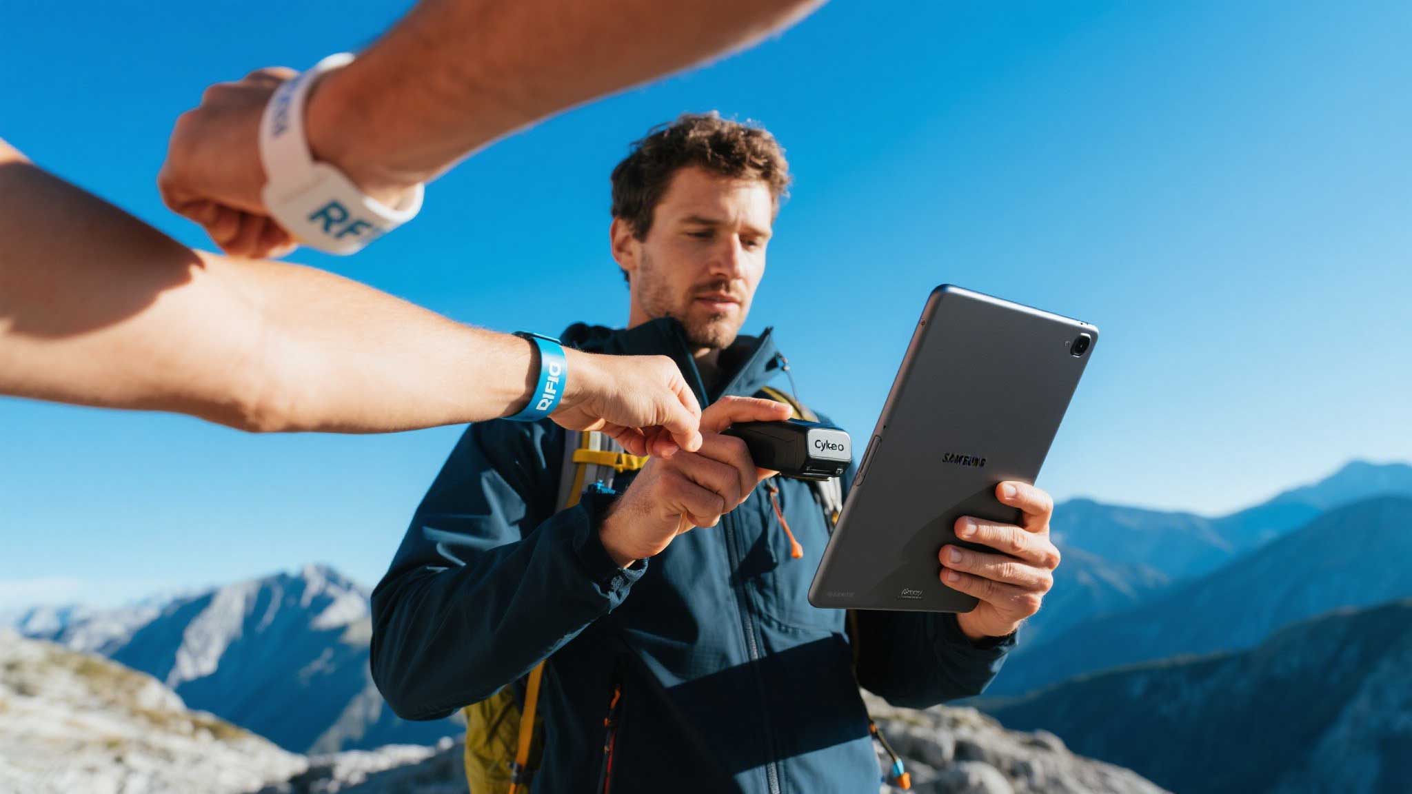 A rugged Android tablet (Samsung Galaxy Tab Active) scanning a wristband RFID tag via a handheld Cykeo Bluetooth reader at an outdoor event.