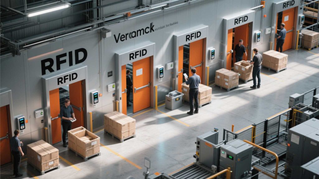 RFID gate reader at a logistics center tracking outgoing shipments.