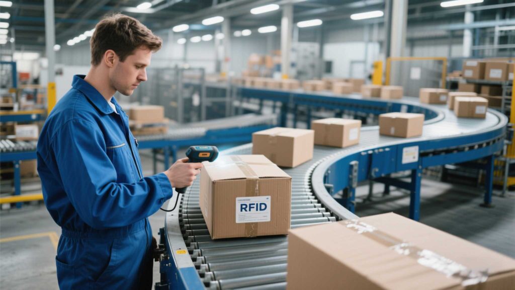Employee conducting a rapid bulk scan of tagged boxes on a conveyor belt.