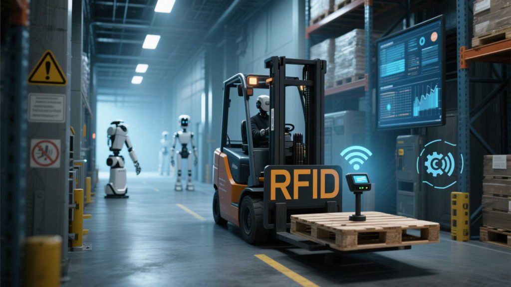cykeo RFID reader scanning tagged pallets in a high-tech warehouse.