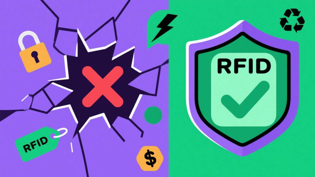 Myth vs. reality split-screen with RFID tag transitioning from “scary” red Xs to green checkmarks.