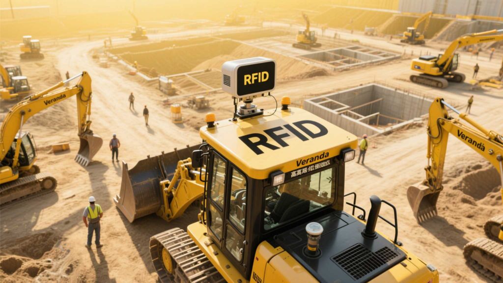 cykeo UHF RFID reader mounted on a bulldozer scanning tools in a construction yard.