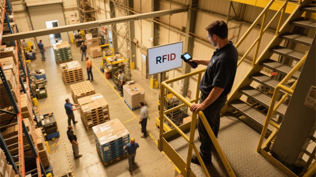 Worker handheld scanning a pallet 20ft away with a long-range RFID module.