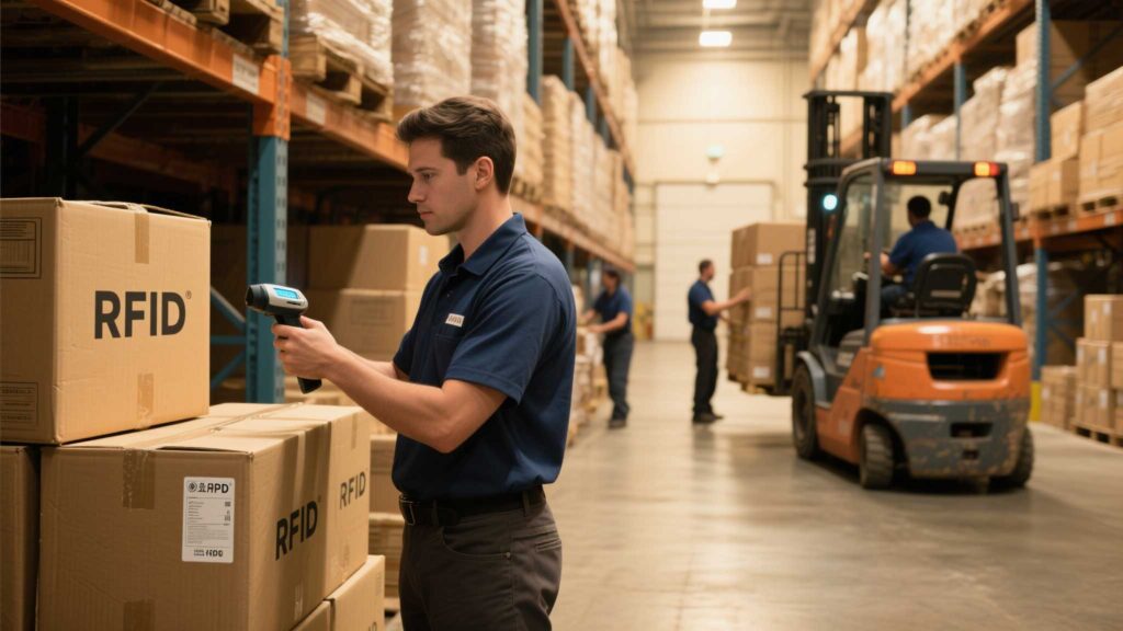 Warehouse worker scanning passive RFID tags on boxes.