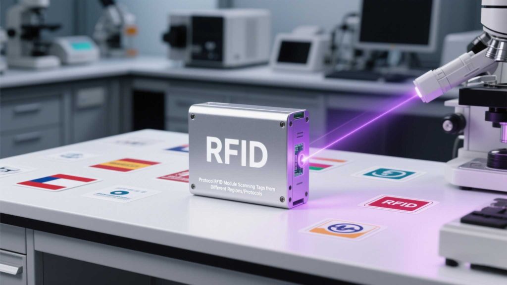 Multi-protocol RFID module scanning tags from different regions/protocols.