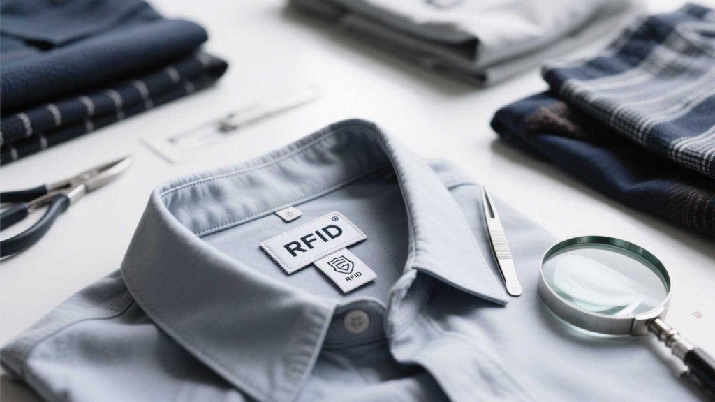 RFID tags embedded in clothing labels and security stickers.