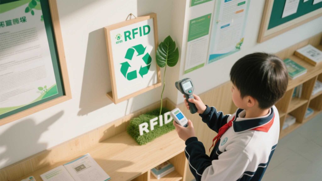 Handheld RFID scanner next to a recycling symbol and green leaves.