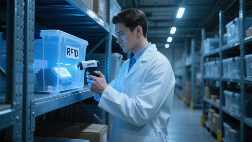 RFID-tagged equipment in a storage container with a scanner in use.